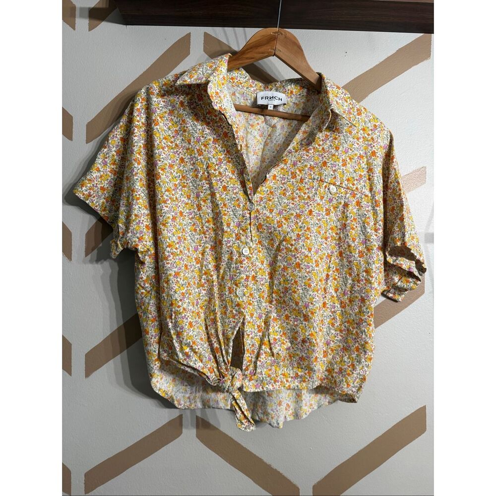 FRNCH Paris Multicolor Floral Tie-Front Button Down Collared Blouse Size Medium